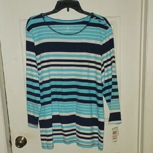 Karen Scott Blue and White Striped Short Sleeve Top